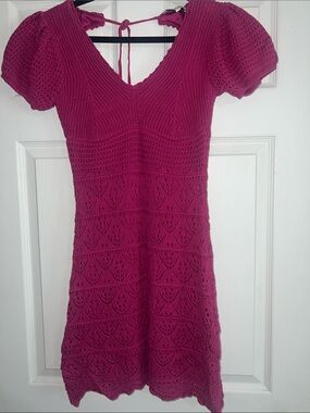 Magenta Crochet V-Neck Mini Dress with Puff Sleeves